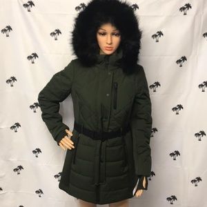 Brand New Michael Kors Olive Belted Fur Trim Coat